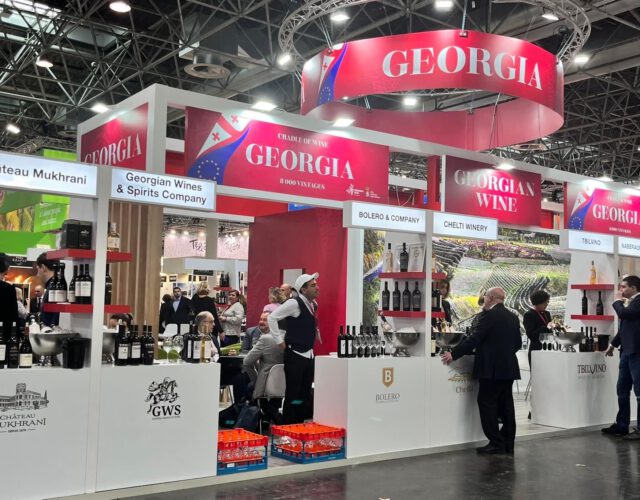 Frontalansicht des Georgien Stands auf der ProWein 2024.